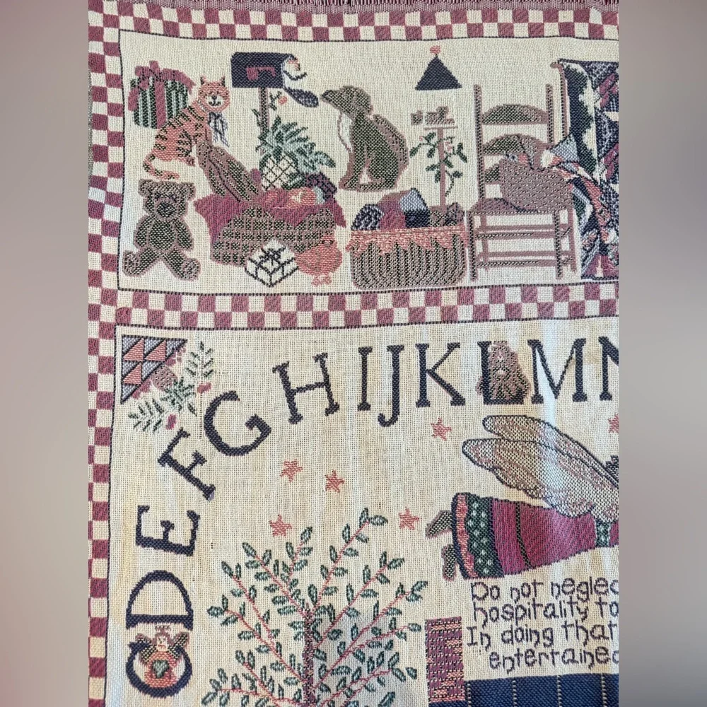 VTG Goodwin Angel ABCs Tapestry Throw Blanket Fringe 1996 Ellen Stouffer 68”x46”